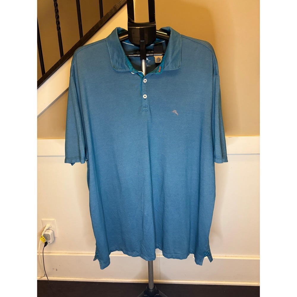 Tommy Bahama Mens Blue Teal Short Sleeve Polo Shirt Marlin Logo 3XL
